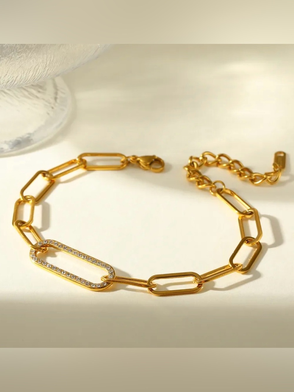 Gold Paperclip Chain Bracelet with Pavé Accent - Women Jewelry
